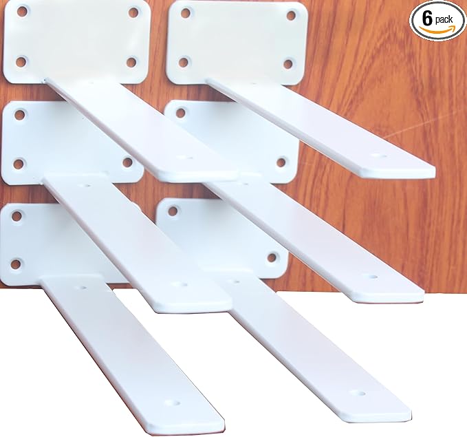 6 Pack - 8 inch White Hidden L Shelf Bracket (1/5 Inch Thicked) Iron Floating Shelf Brackets Rustic Industrial Metal Brackets for Shelf Support