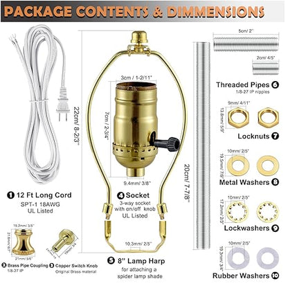 Lamp Making Kit,Make a Lamp or Repair Kit,3-Way Lamp Socket with Matching Cord Lamp Harp Set,Lamp Wiring Kit for Table Floor Lamp,Essential Hardware for DIY Lamp Design or Repair (Gold, 1)