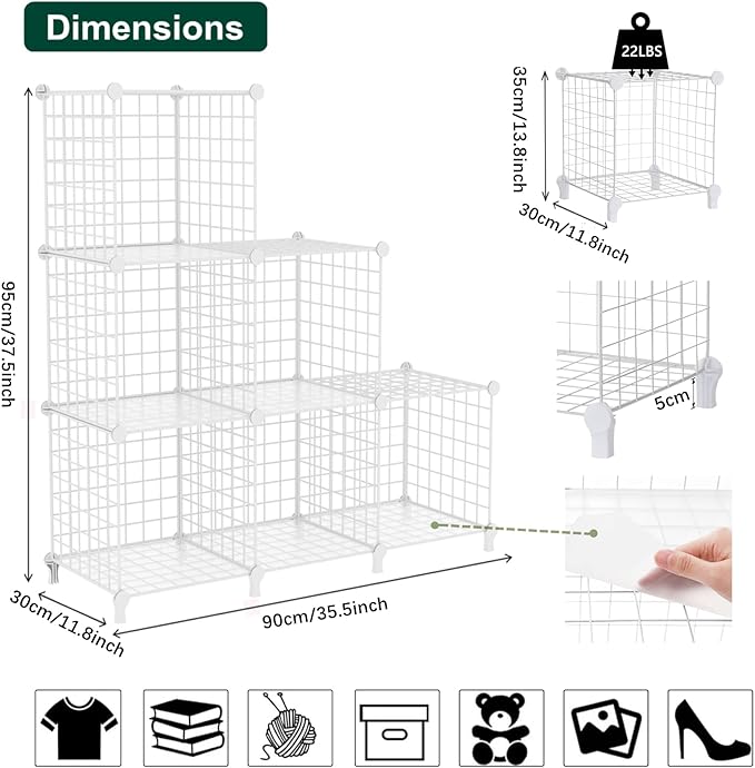 AWTATOS Wire Cube Storage Organizer, Closet Organizers and Storage, Metal 6 Cube Storage Shelves Bookshelf, Portable Closet Clothes Organizer for Bedroom, Home, Office, White