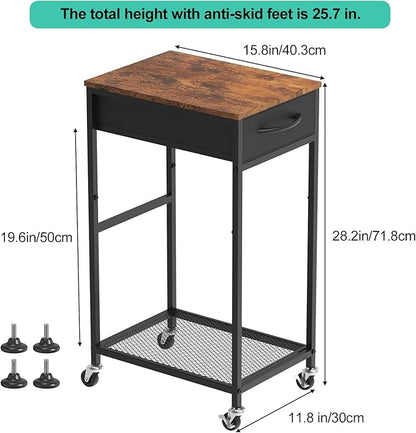 Computer Tower Stand PC Tower Stand with Storage Drawer 2 Tier Wood Rolling CPU Holder Stand Mobile Printer Cart on Wheels for Home Office, Industiral Brown and Black