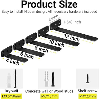 SKYSEN 12 Pack 6" Floating Shelf Bracket, Shelves Brackets, Wood Shelving Brackets Hardware - Heavy Duty - 4/6/8/10/12 inch - Real Hidden Bracket Design（tzj6-12）