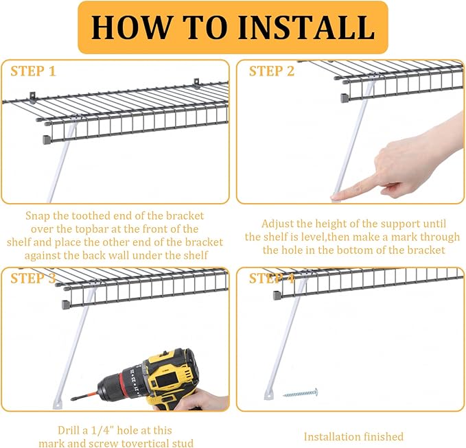 6 Pcs Support Brackets for Wire Shelving, 17 inches Closet Wire Shelf Brackets with Anchors and Pins for Installation