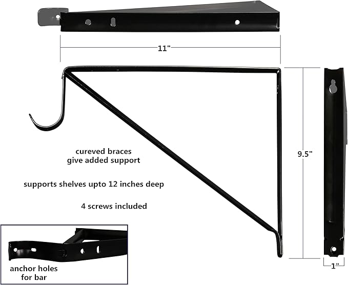 Premium Heavy Duty Closet Shelf and Rod Bracket, Black, 3-Pack