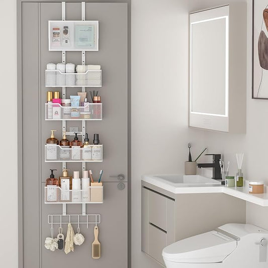 Adjustable Over The Door Organizer, Hanging Door Storage with PVC Pocket and 4 Metal Baskets Wall Mount, Closet Door Organizer Behind Door Rack for Bathroom Bedroom Closet, White