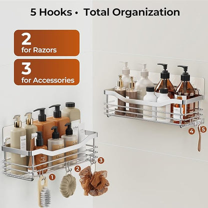 Orimade Shower Caddy Basket Shelf with 5 Hooks Adhesive Organizer Storage Rack Rustproof Wall Mounted Stainless Steel No Drilling for Bathroom, Toilet, Kitchen - 2 Pack
