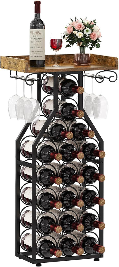 X-cosrack Wine Rack Freestanding Floor, Wine Storage Rack Mini Bar Table with Tabletop, Glass Holder Wine Bottle Display Stand Liquor Cabinet for Home Bar Kitchen Living Room