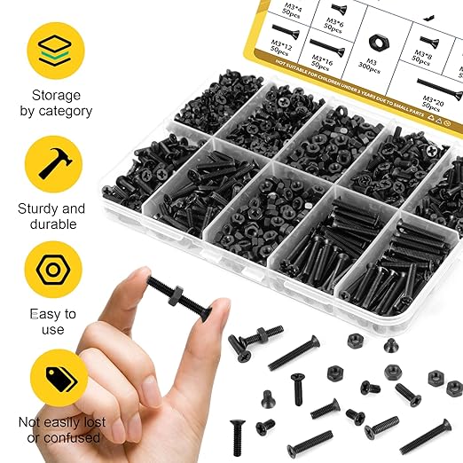 650pcs M3 Countersunk Screws Assortment Kit, M3x4/6/8/10/12/16/20 mm Phillips Flat Head Bolts and Nut Assorted Set, Machine Screws Grade 8.8 Alloy Steel Black Zinc Plated