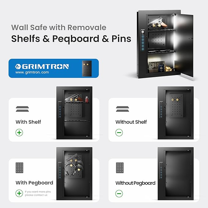 Grimtron Quick Access Wall Safe with Removable Pegboard & Shelfs, Flat Hidden Wall Safes Between The Studs 16" Centers, Black Wall Mount Safe for Valuables, Gifts for Men and Women