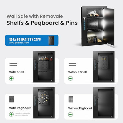 Grimtron Quick Access Wall Safe with Removable Pegboard & Shelfs, Flat Hidden Wall Safes Between The Studs 16" Centers, Black Wall Mount Safe for Valuables, Gifts for Men and Women