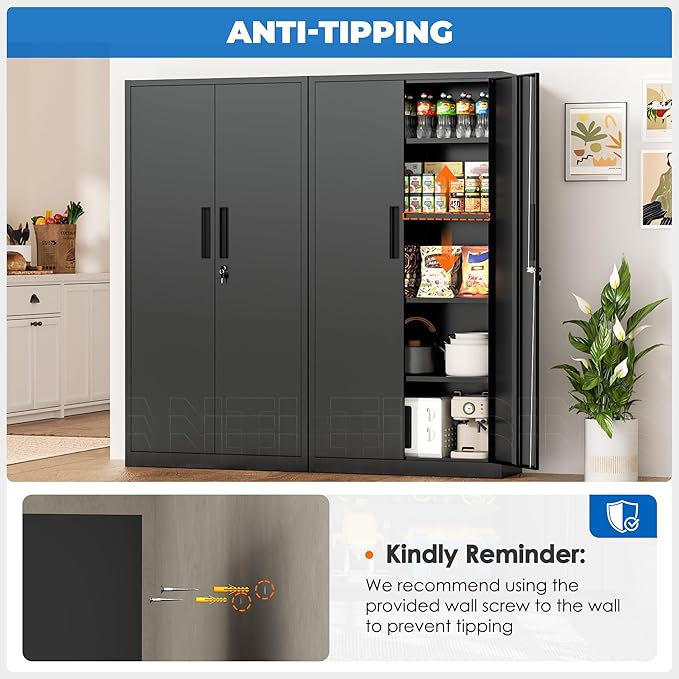INTERGRAET 63" H Pantry Cabinet, Kitchen Pantry Storage Cabinets with 2 Doors and 4 Shelves,Black Metal Storage Cabinet,Cupboard for Home,Kitchen,Living Room/Dining