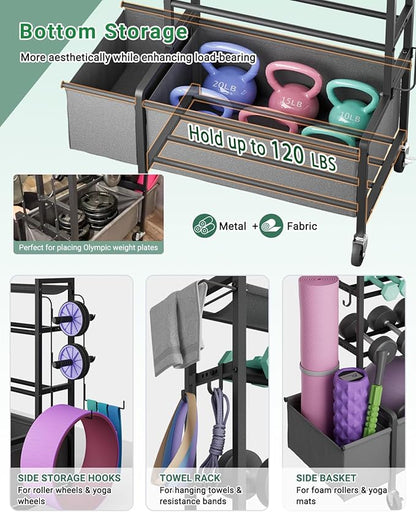 Dumbbell Rack, Adjustable 4-Tier Weight Rack Movable, Home Gym Organizer Up to 405 lb with Lockable Casters & Hooks, Workout Equipment Storage for Dumbbells, Kettlebells, Yoga Mats & Balls