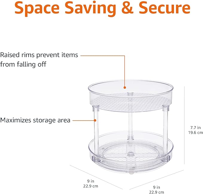 Amazon Basics Lazy Susan Turntable Organizer,9" Diameter,2 Tier,Clear,(Pack of 8)