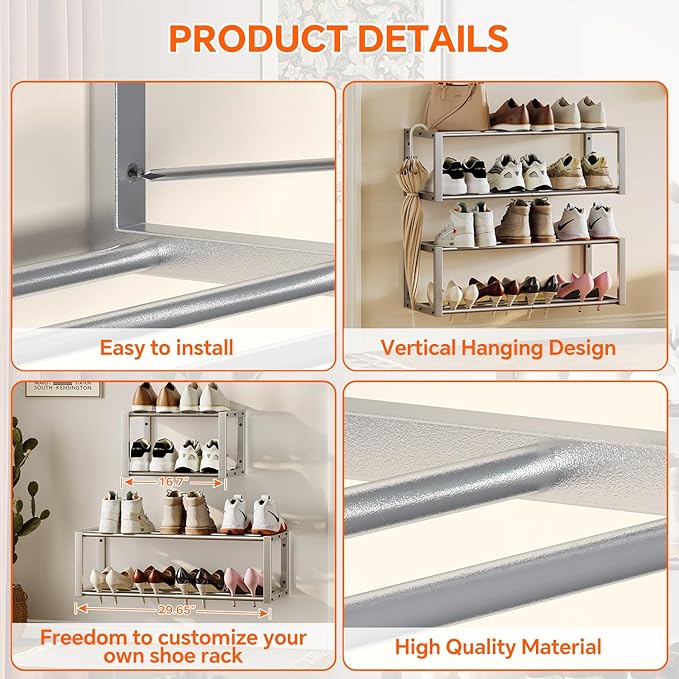 Homeiju Hanging Shoe Organizer,2 Pack Wall Mounted Shoe Rack Holds 12 Pairs,Space Saving Metal Wall Shoe Rack,Hanging Shoe Rack Shoe Holder for Small Space,Entryway,Closet,RV,Camper (Silver)
