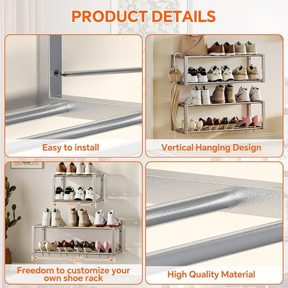 Homeiju Hanging Shoe Organizer,2 Pack Wall Mounted Shoe Rack Holds 12 Pairs,Space Saving Metal Wall Shoe Rack,Hanging Shoe Rack Shoe Holder for Small Space,Entryway,Closet,RV,Camper (Silver)
