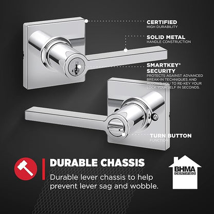 Kwikset Casey Entry Door Handle with Lock and Key, Secure Keyed Reversible Lever Exterior, Door Lock, For Front Door Entrance and Bedrooms, Polished Chrome, Pick Resistant Smartkey Rekey Security