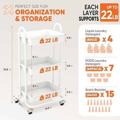 Sekey 3 Tier Rolling Cart Plastic, Easy Install Utility Cart on Wheels, Heavy Duty Storage Cart with Lockable Wheels for Baby Nursery, Bathroom, Kitchen, Laundry Room, White
