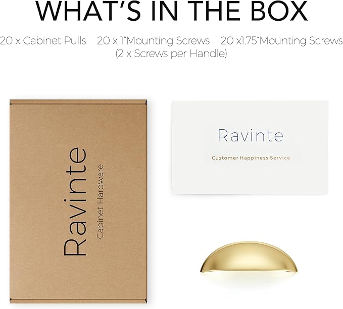 Ravinte 20 Pack 3" Drawer Pulls Brushed Brass Cabinet Cup Pulls Kitchen Hardware Cabinet Handles Drawer Handles Knobs 3 inch Hole Center