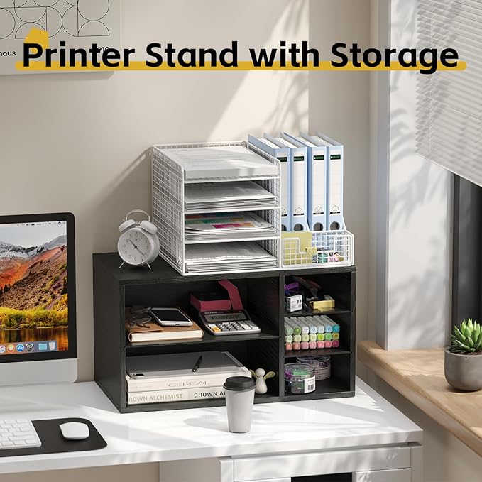 MARTY Printer Stand with Storage for Desk Large Desktop Printer Stand Desk Organizer with Paper Storage Holder File Organizer Wooden Printer Shelf Riser for Home/Office, Black