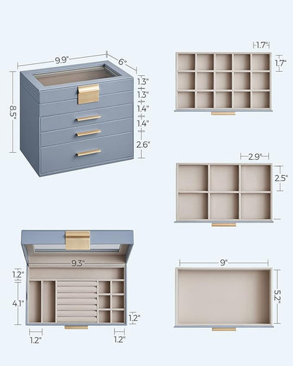 SONGMICS GISELLA Collection - Jewelry Box Organizer, 4-Layer Jewelry Storage with 3 Drawers, Shiny Metal Hardware, Glass Lid, Modern, 6 x 9.9 x 8.5 Inches, Smoky Blue and Gold Color UJBC161Q01