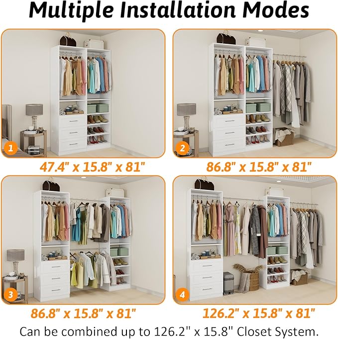 Closet System with Drawers of 2 Sets, 4FT-10FT Walk in Closet Organizers and Storage with Hanging Rods & Adjustable Shelves, Free-Standing Modular Closet Systems, White