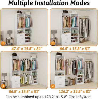 Closet System with Drawers of 2 Sets, 4FT-10FT Walk in Closet Organizers and Storage with Hanging Rods & Adjustable Shelves, Free-Standing Modular Closet Systems, White