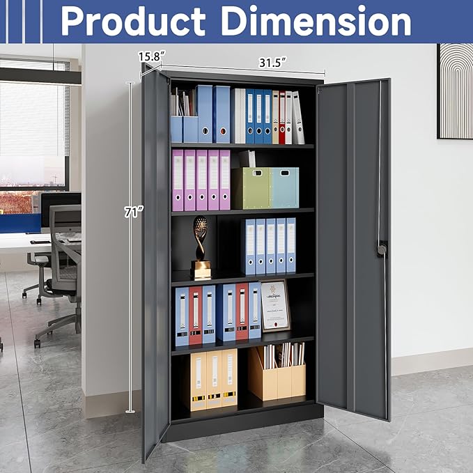 Metal Storage Cabinet with 2 Doors and 4 Adjustable Shelves, 71" Steel Garage Storage Cabinet, Locking Tool Cabinets for Office, Home,School,Kitchen,Garage Tool Utility Cabinet Black Grey