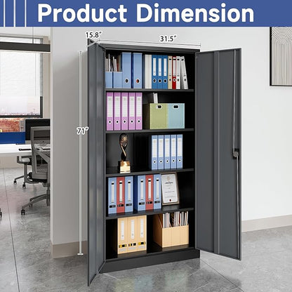 Metal Storage Cabinet with 2 Doors and 4 Adjustable Shelves, 71" Steel Garage Storage Cabinet, Locking Tool Cabinets for Office, Home,School,Kitchen,Garage Tool Utility Cabinet Black Grey