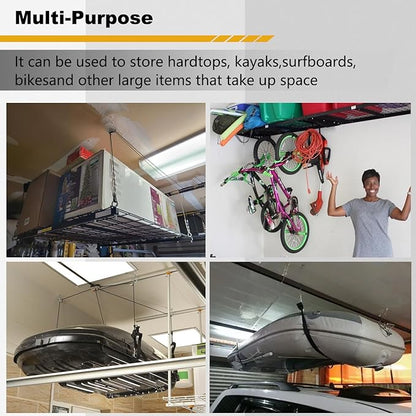 Overhead Garage Storage Lift, Upgrade Winch (No Gear Wear), Heavy Duty Ceiling Mounted Garage Storage Lift System for Organization, 300lbs, Fit for Bronco, Weight, Wrangler (Deck Not Includ)