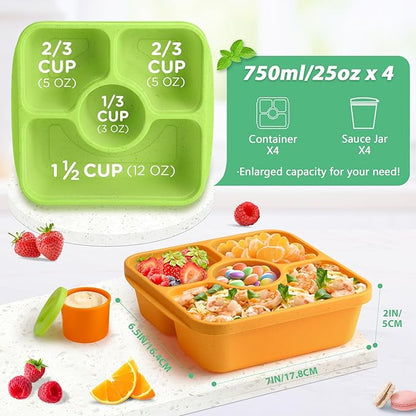 QQKO Bento Snack Box Containers for Adults Kids, 4 Pack Lunchable Meal Prep Containers Reusable, Stackable Bento Lunch Box, Food Storage Prep Containers with Lids and 4 Sauce Cups, Jewel Color