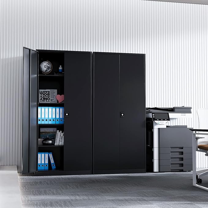 Metal Garage Storage Cabinet, 71" Tool Cabinet with 4 Adjustable Shelves, Metal File Cabinets with Lockable Doors for Garage, Home Office, Gym, School, Utility Room (Black, Assemble Required)