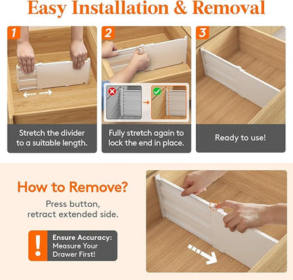 Lifewit 8" Tall 6 Pack Drawer Dividers, 35-56.5cm/13.8-22.2" Expandable Drawer Divider for Clothes, Adjustable Dresser Drawer Organizers, Drawers Separators for Dresser/Bathroom/Closet/Kitchen White