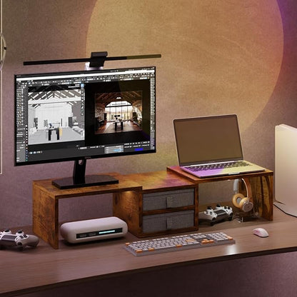 TEAMIX Dual Monitor Stand Riser with 2 Drawers - Length and Angle Adjustable 3 Shelf Monitor Riser with Storage Desk Organizer Large Monitor Stand for 2 Monitors/Laptop/PC,Screen/TV Stand Riser