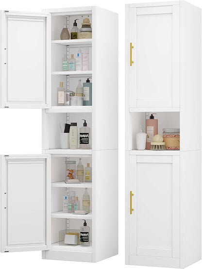 67" Tall Narrow Storage Cabinet Metal Bathroom Cabinet with 2 Doors & 4 Adjustable Shelves, Standing Pantry Cabinets Cupboard for Kitchen, Dining Room, Living Room and Bathroom (White)