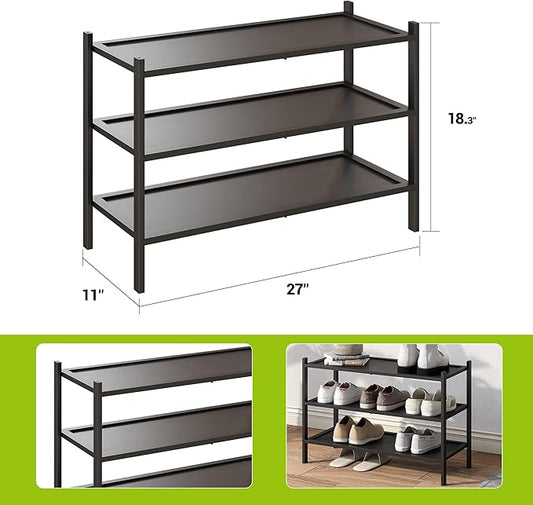 BMOSU 3-Tier Bamboo Shoe Rack Premium Stackable Shoe Shelf Storage Organizer for Hallway Closet Living Room Entryway Organizer(Black)
