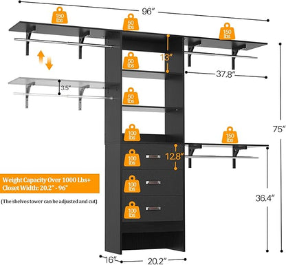 Closet System with Drawer - 8FT Wood Closet Organizer System with 3 Hanging Rods and Shelving Tower, 96" Walk In Closet Organizer Wardrobe, Black