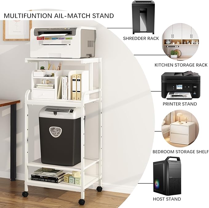 4-Tier Printer Stand with Storage Shelf, Mobile Printer Table for Home Office, Adjustable Stand for Printer, Scanner, Fax (White)