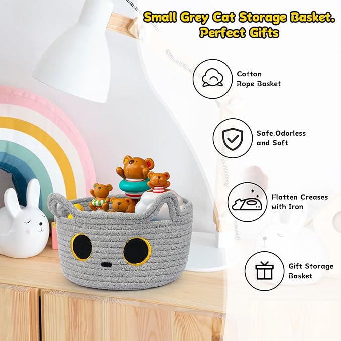 Small Storage Basket, Cat Basket Woven Cotton Rope Basket for Nursery, Baby Blanket Organizer with Handles for Toys,Towels,Clothes, Baby Storage for Gifts Cat Dog Bin Toys 8.5×4.5 inches,Grey