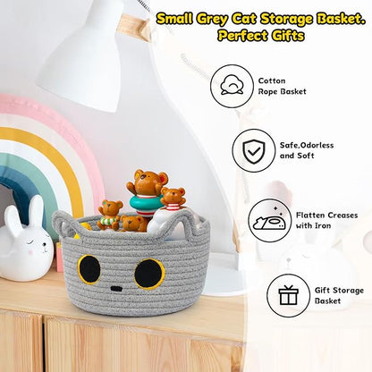 Small Storage Basket, Cat Basket Woven Cotton Rope Basket for Nursery, Baby Blanket Organizer with Handles for Toys,Towels,Clothes, Baby Storage for Gifts Cat Dog Bin Toys 8.5×4.5 inches,Grey