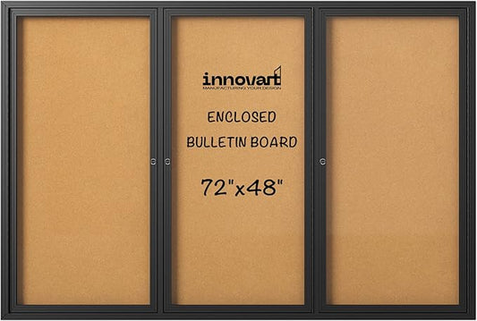 INNOVART Enclosed Bulletin Board 72”x48”, Lockable Cork Noticeboard with Black Aluminum Frame, Outdoor Enclosed Bulletin Board Weatherproof, Wall Display Case with Swing-Open Door Information Cabinet