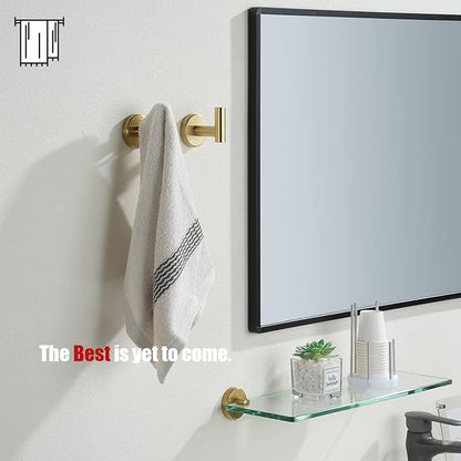 JQK Bathroom Towel Hook Brushed Gold, Brass Coat Robe Clothes Hook for Bathroom Kitchen Garage Wall Mounted (Pack of 2), SUS 304 Stainless Steel 0.8mm, TH100-BG-P2