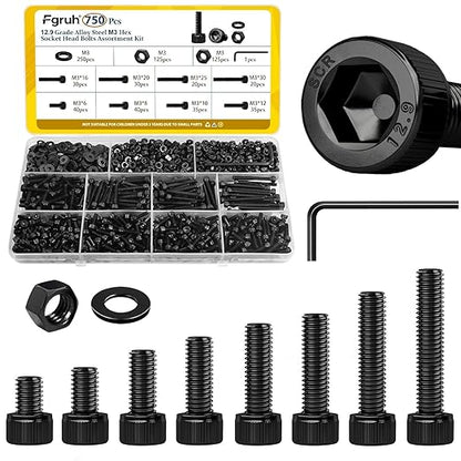 750PCS M3 Screws Assortment Kit, M3x6/8/10/12/16/20/25/30 mm Hex Socket Head Bolts, Nuts & Washers Assorted Set - 12.9 Alloy Steel Black Zinc Plated M3 Screw for 3D Printer,DIY
