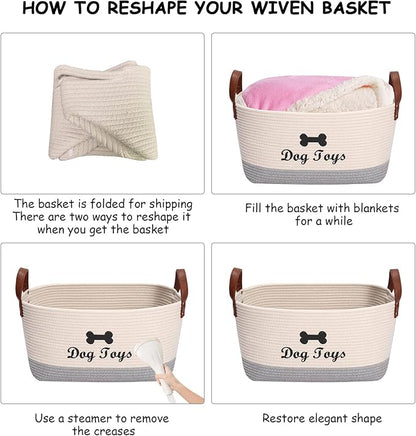 Geyecete X-Large Cotton Rope Dog Basket with Leather handle Blanket Storage Basket Decorative Clothes Hamper Basket | Extra Large Baskets for Blankets or Laundry-Beige/Gray