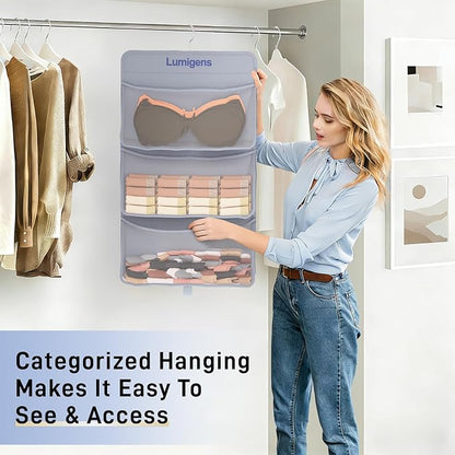 Sock & Underwear Storage Organizer, Hanging Closet Organizer with Pockets, Bra Organizer for Closet Storage with 360° Rotating Hook, Space Saving Hanging Storage for Closet, Bedroom, RV