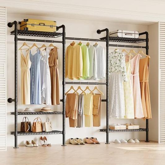 W3 Industrial Pipe Clothing Rack, Wall Mounted Clothes Rack Closet Wardrobe System with Expandable Hanger Rods Adjustable Storage Shelves, Heavy Duty Corner Walk-in Closet System, Black
