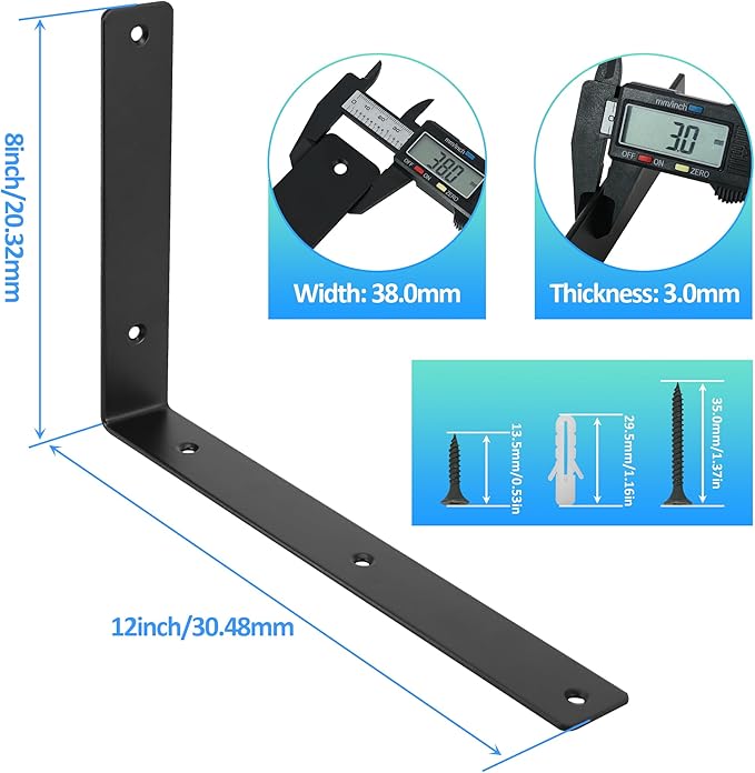 L Floating Shelf Brackets,4 Pack Heavy Duty L Brackets for Shelves, L 12" X H 8" Black Metal Countertop Support Brackets,Wall Mounting for Wood