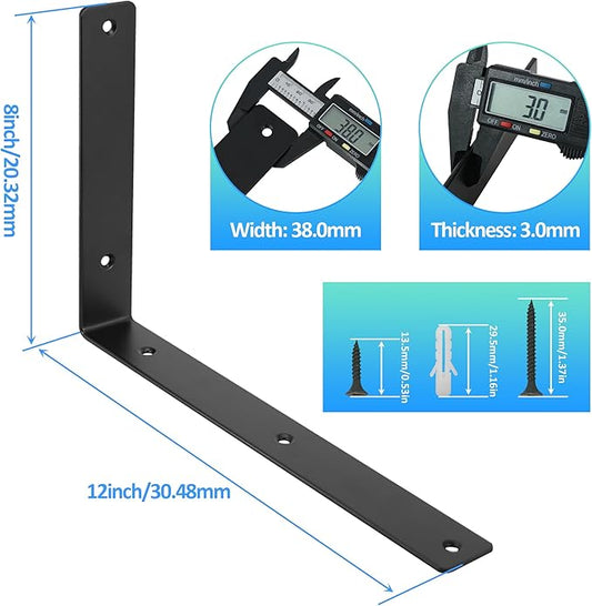 L Floating Shelf Brackets,4 Pack Heavy Duty L Brackets for Shelves, L 12" X H 8" Black Metal Countertop Support Brackets,Wall Mounting for Wood