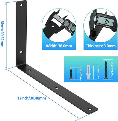 L Floating Shelf Brackets,10 Pack Heavy Duty L Brackets for Shelves, L 12" X H 8" Black Metal Countertop Support Brackets,Wall Mounting for Wood