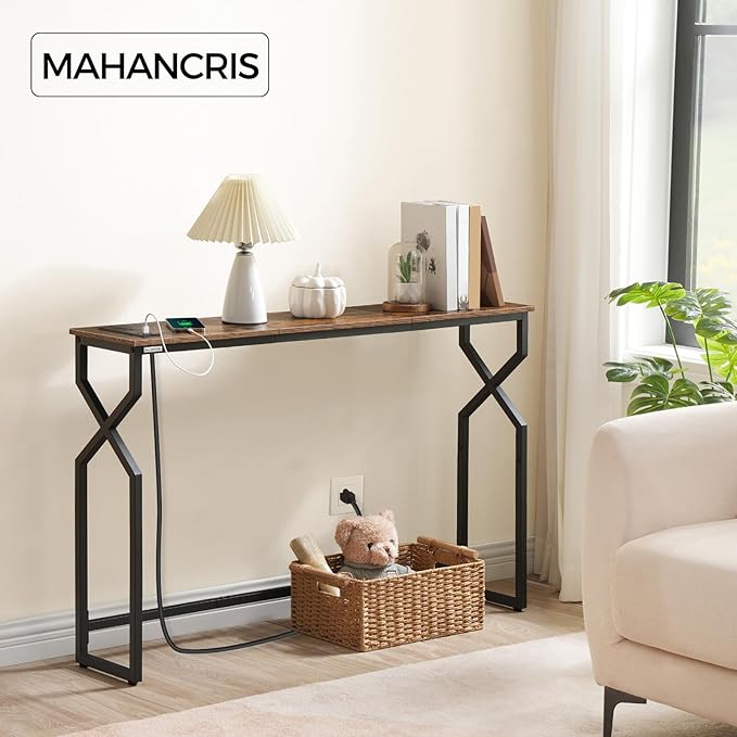 Sofa Console Table, 44.9" Entryway Table with Charging Station, Narrow Couch Table, Hallway Table, Sofa Table with USB Ports, Metal Frame, for Entrance, Living Room, Rustic Brown CTHR113E01