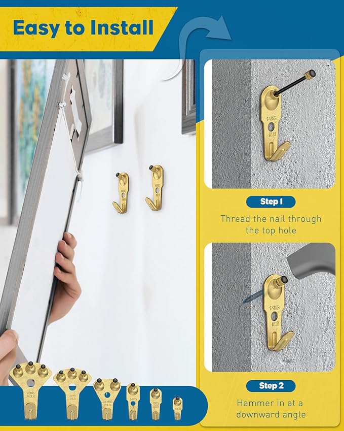 Uniclife 120 Pcs Picture Hanging Kit, 10 lb, 20 lb, 30 lb, 50 lb, 75 lb, 100 lb Heavy Duty Picture Hangers for Drywall & Wood, Picture Hanging Hooks, Frame Hooks for Hanging Photos Mirrors Paintings