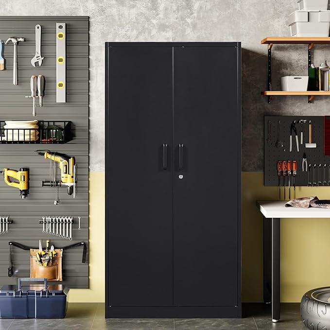 Metal Garage Storage Cabinet, 71" Locking Cabinet with 2 Doors and 4 Adjustable Shelves, Black